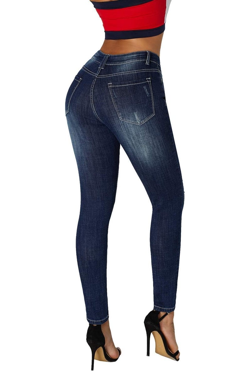 roswear Skinny Jeans for Women Ripped Stretchy Mid Rise Jeggings Casual Slimming Pants Blue - Image 3